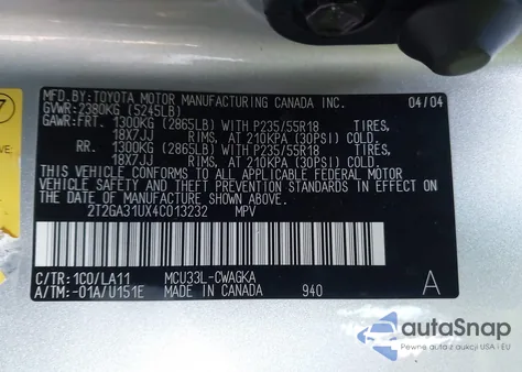 2004 Lexus Rx 330 z USA, uszkodzony, nr VIN 2T2GA31UX4C013232